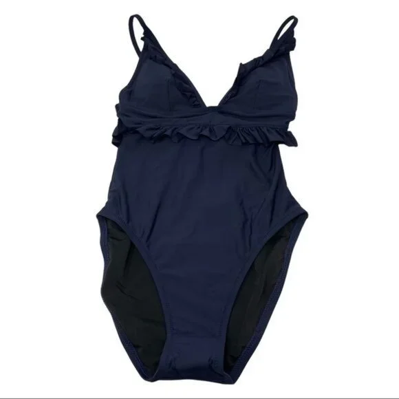J. Crew Long Torso Ruffle Deep V One Piece Swimsuit Size 0 Navy NWT - Picture 2 of 4